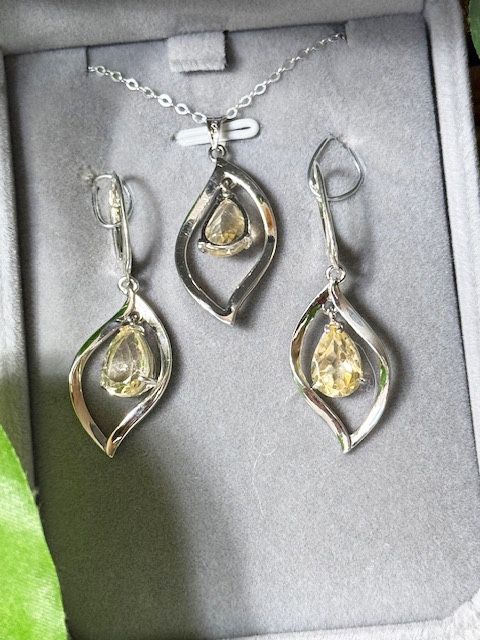 New, Custom-Made Flame Pendant and matching earrings with Citrine Pear Stones Mounted in Sterling Silver