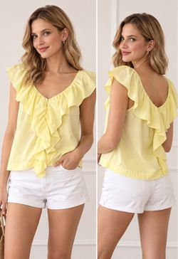 Marc New York Andrew Marc Yellow Solid Ruffle V-Neck Woven Button Blouse S