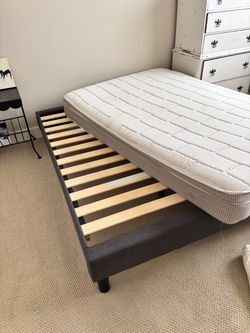 Gray Upholstered Platform Bed Frame with Slats