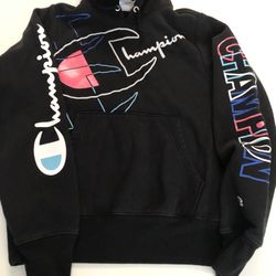 Champion Hoodie Unisex Size Small Black Reverse Weave Sweatshirt Spellout Neon Retro