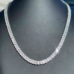 10k Solid White Gold 17CTW Natural Diamond Baguette & Round cut Necklace 20” 6mm
