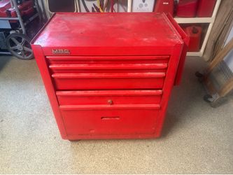 5 drawer metal tool cabinet on wheels.