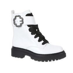 Sam & Libby White w/ Black Soles Lace Up Leather Mid-Calf Combat Boots Size 8