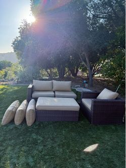 $75 for this outdoor wicker patio set. As pictured, there is some wear & tear but it is still functional!