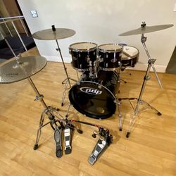 Pdp Z5 complete drum set  22 10 12 14 14” quiet cymbals Ludwig Hihat double pedal in Ontario 91762. $375 cash good condition sticks key and throne