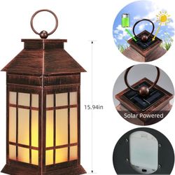 16'' Solar Lantern Outdoor Waterproof, Glass Hanging Lanterns Solar with Flickering Flame Lights Lantern Decorative for Patio Porch Garden Backyard Ou