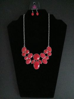 Red and Silver Statement Necklace with Earrings