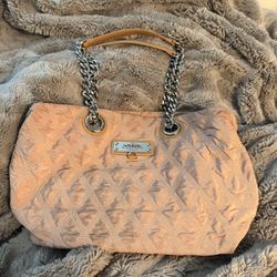 MY FLAT IN LONDON BEIGE QUILTED PURSE DOUBLE HANDLE THREE ZIPPER POCKETS EUC