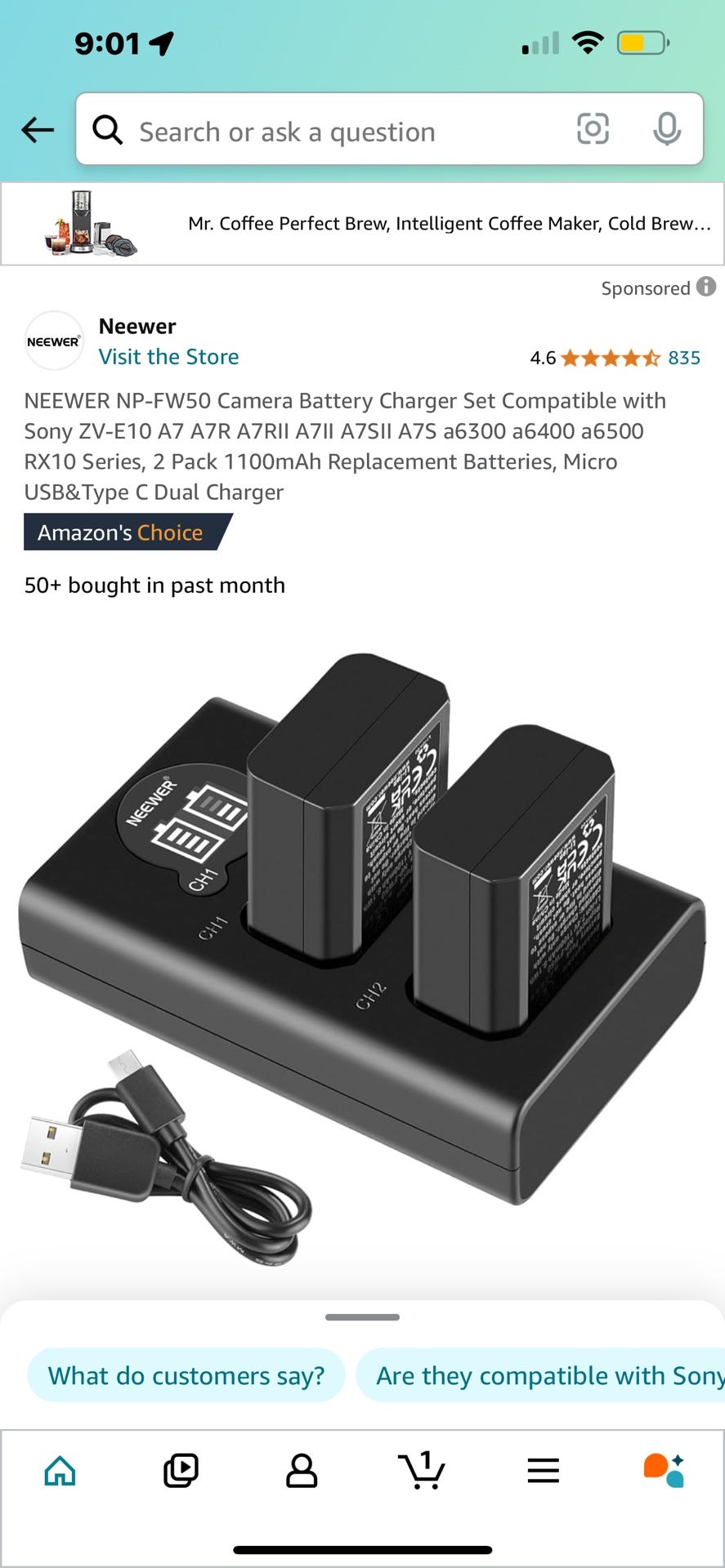 NEEWER NP-FW50 Camera Battery Charger Set Compatible with Sony ZV-E10 A7 A7R A7RII A7II A7SII A7S a6300 a6400 a6500 RX10 Series, 2 Pack 1100mAh Replac