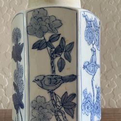 Vintage Chinese Porcelain Blue & White Ginger Jar Birds & Floral Stamped