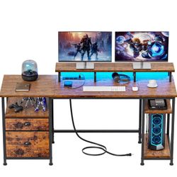 Furologee 61" Computer Desk with Power Outlet and LED Lights, Desk with Fabric File Cabinet Drawer, Large Reversible Table with Shelves and Monitor St