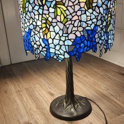 AMAZING Tiffany Wisteria 27 in. Bronze Table Lamp with Tree Trunk Base