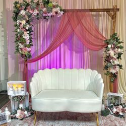 Wedding Arch + Flowers + Pink Drape