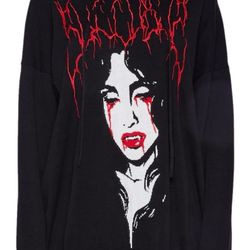 Dolls Kill (X) Widow Death Stare Hooded Sweater S Black Vampire Knit OSized NWT