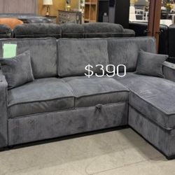 2-pc Sectional Sofa With Pull-out Bed & Storage Dark Geey