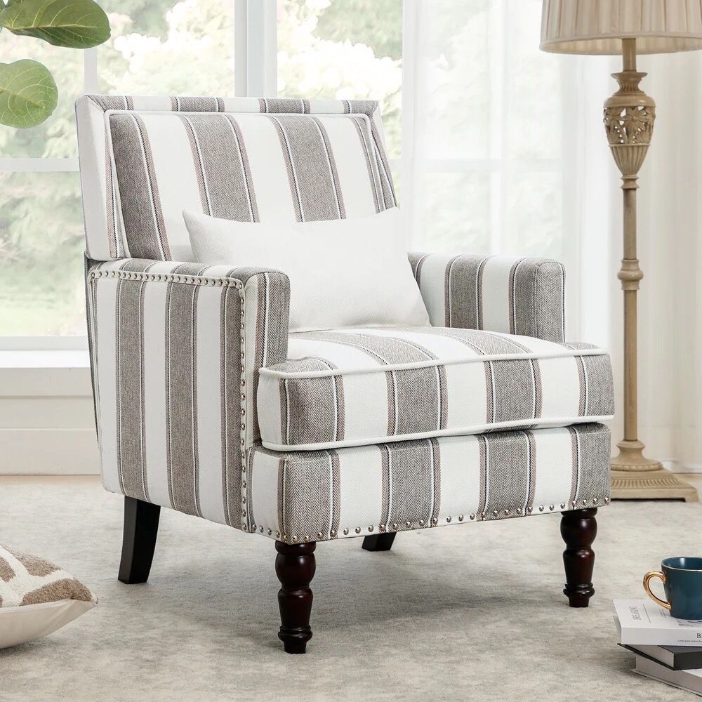 Linen Upholstered Modern Accent Chair Armchair with Pillow for Living Room -Grey/White