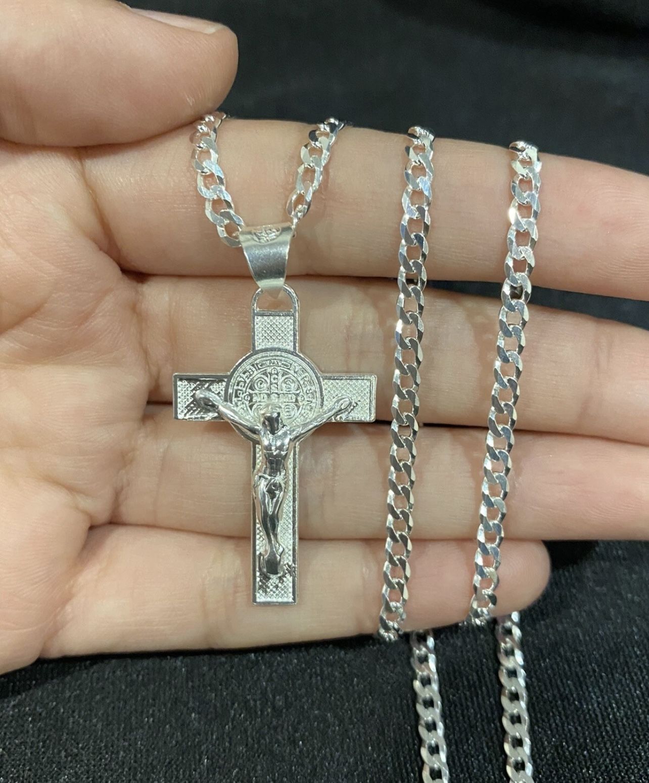 925 Sterling Silver Men St Benedict Benito Cross Crucifix & Curb Chain