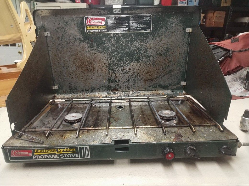 Coleman camping stove 2 burners electric start