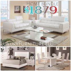 New home white Luxury home bundle set top quality dining set , bedroom, sofa & loveseat