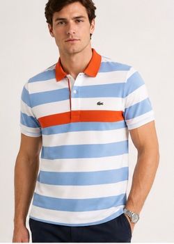 Lacoste Men’s Polo Shirt Size (8) XXL Blue White Stripe Orange Collar Cotton