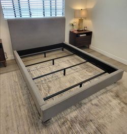 Like New! Gray Upholstered Queen Bed Frame