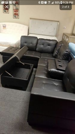 Brand New Black Faux Leather Sectional Sofa +Storage Chaise +Ottoman (New In Box)