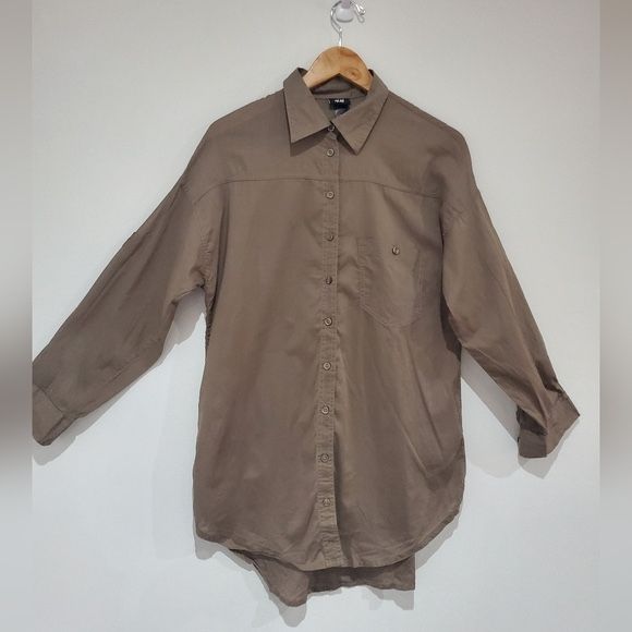 H&M dark khaki long button down tunic w roll up sleeve size 2