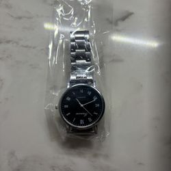 Classic Silver Stainless Steel Watch with Black Roman Numeral Dial