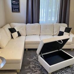 White Leather Sectional Couch And Ottoman