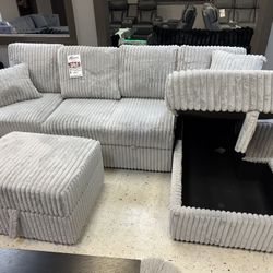 LIGHT GRAY SLEEPER SUPER SOFT VELVET SECTIONAL COUCH SET WITH OTTOMAN