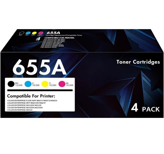 655A Toner Cartridge 4 Pack Compatible Replacement for HP 655A CF450A Black CF451A Cyan CF452A Magenta CF453A Yellow for Color Enterprise M652n M652dn