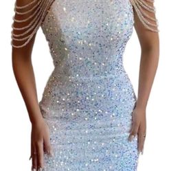  L size silver Sequin Halter Mini Dress, Cold Shoulder with Chain Detail, Bodycon Cocktail Party Dress