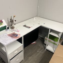 L Shape White Desk 