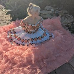 Quinceanera / Sweet Sixteen/ Homecoming/Prom dress, White/Pink Roses With Ruffles, Medium Sized