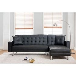 Brand New 100" x 61" Black/White Faux Leather Or Gray/Black Linen Reversible Convertible Sofa Chaise