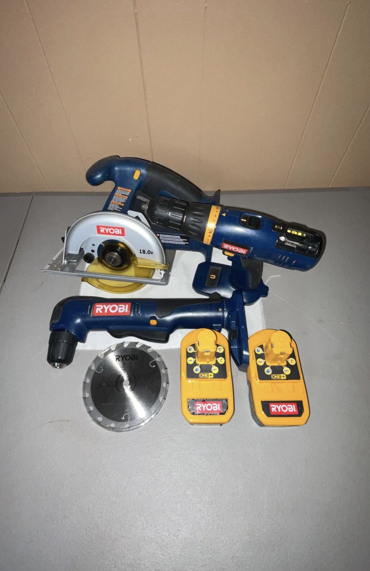 Ryobi Tool Lot - Circular Saw, Right Angle Drill, Driver/Drill, 2 Battery Packs
