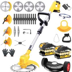 Cordless Electric Grass Trimmer 20V Battery Powered Trimmer, 4-in-1 Brush Cutter Cutter Lawn Edge ((Yellow) 2*Battery +Wheels)