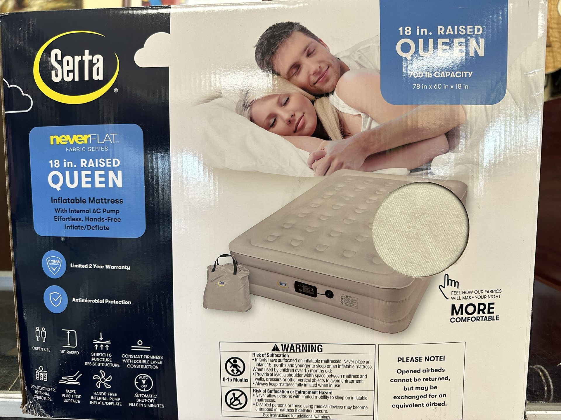 NEW SEALED 18 Inch Serta Never Flat Raised, Internal Pump and Plush Air Mattress