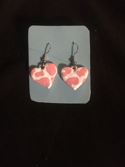 Pink heart cow print earrings