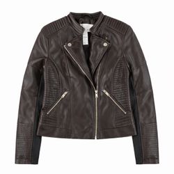 Women's Bar III deep Merlot/chocolate faux leather moto jacket sz Lrg 