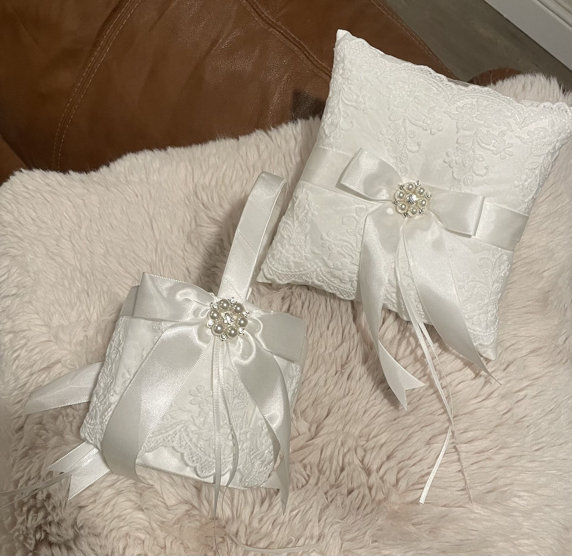 Beautiful White Satin & Lace Ring Pillow & Flower Basket Set