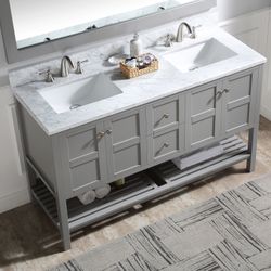 60”grey double sink bathroom vanity with carrara white marble stone top