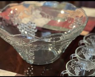 Large Glass Punch Bowl With Glasses 