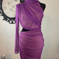 Mesh Crystal One Sleeve Cutout Dress