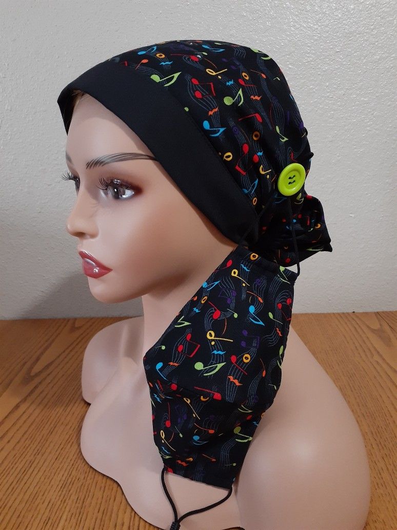 SCRUB HAT / Music Notes / Reversible Surgical Scrub Hat Set With Buttons 