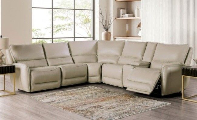 Brand New Beige Top Grain Leather Power Reclining Sectional Sofa