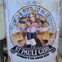 St Pauli Girl tin metal sign bar display pub beer sign 16" top to bottom 12" across new