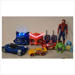Kids Toy Bundle: PJ Masks Light-Up Masks, Walkie Talkies, Disney Cars, Marvel & Pokémon Figure