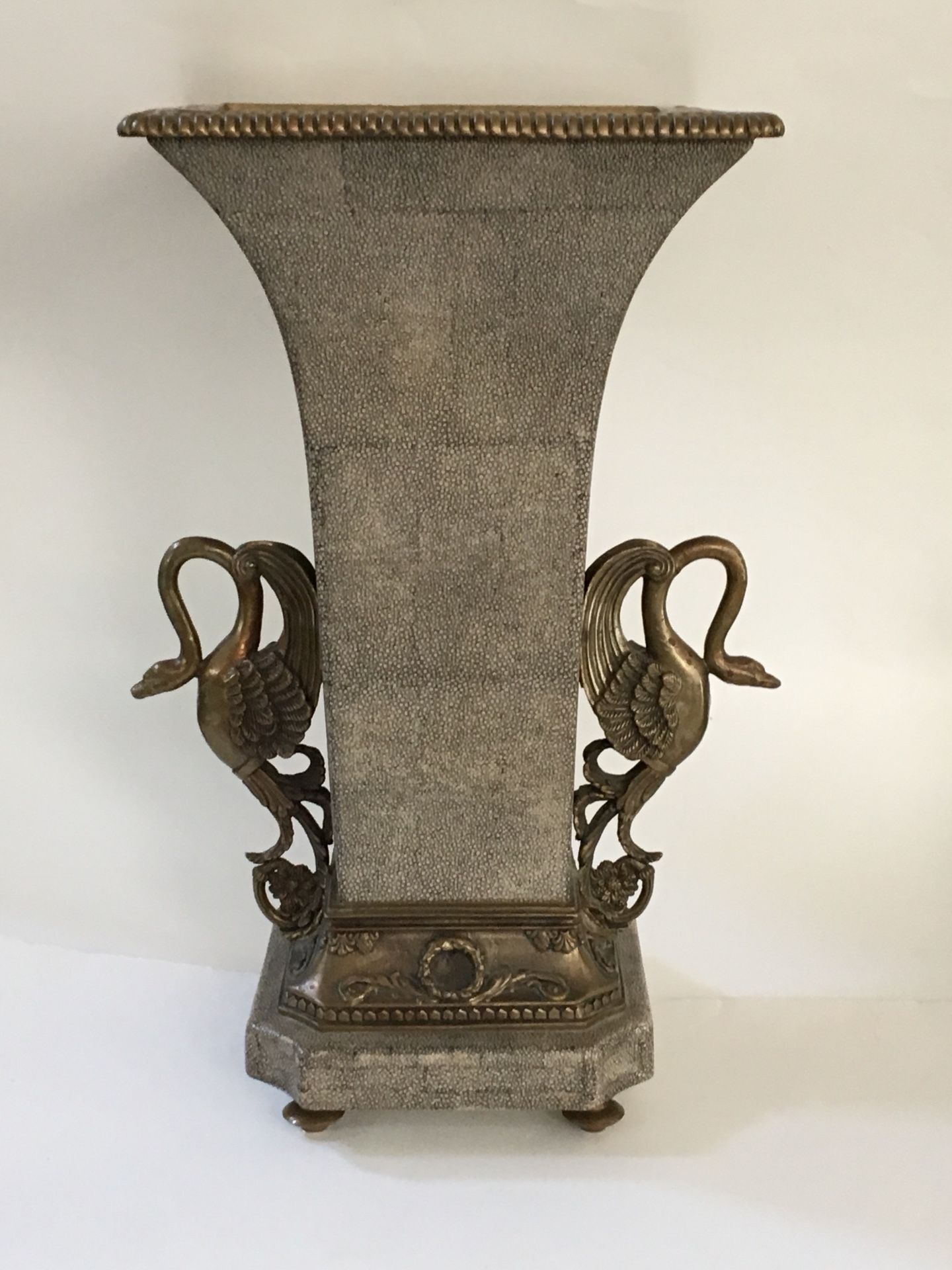 Beautiful Large Castilian Imports 17” Tall Porcelain Vase w/ Brass Swan Handles