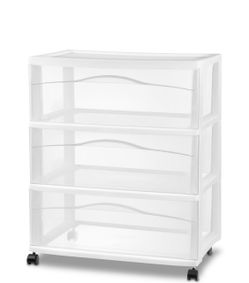 3 Drawer White wide Plastic Storage Drawers, Utility Cart with Casters, Portable Universal Storage